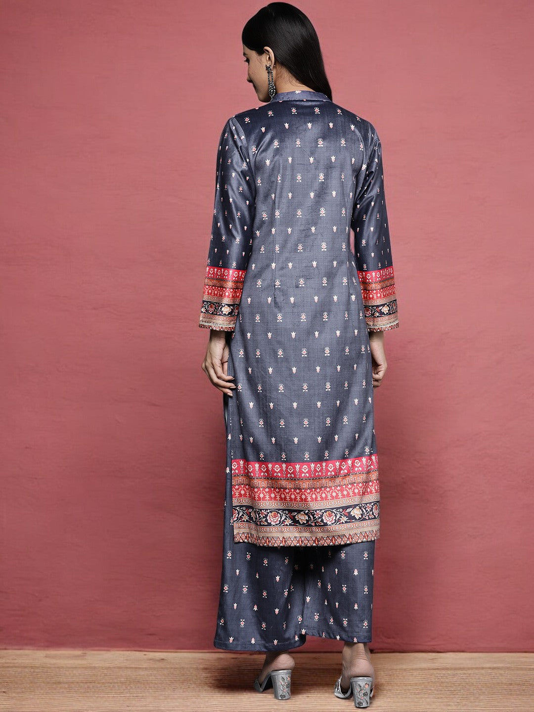 Navy Blue Printed Gotta Patti Velvet Kurta with Palazzos