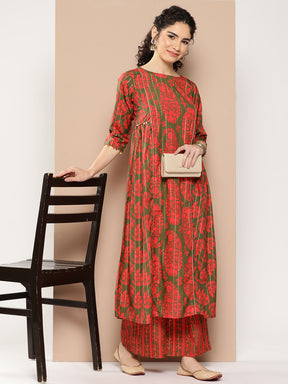 Ahalyaa Women Floral Printed Panelled Sequinned Kurta with Palazzos