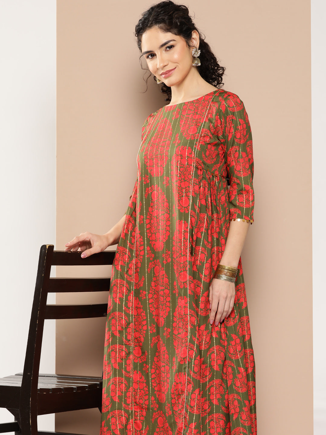 Ahalyaa Women Floral Printed Panelled Sequinned Kurta with Palazzos