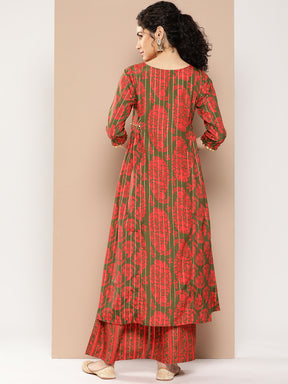 Ahalyaa Women Floral Printed Panelled Sequinned Kurta with Palazzos