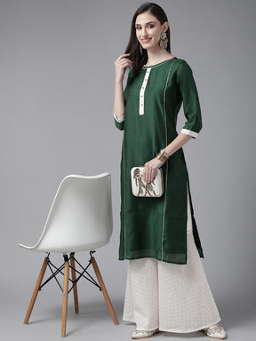 Ahalyaa Women Dark Green Plain Chanderi Kurta with Sharara Set