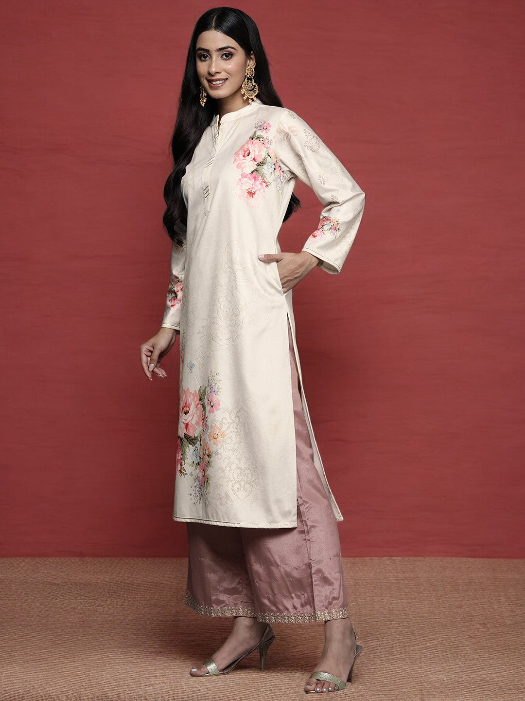 Cream & Pink Floral Printed Gotta Patti Floral Velvet Kurta