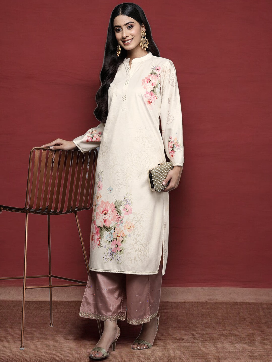 Cream & Pink Floral Printed Gotta Patti Floral Velvet Kurta