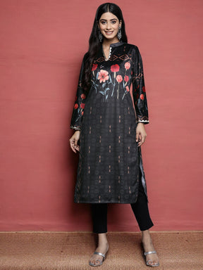 Ahalyaa Women Black & Red Floral Printed Gotta Patti Velvet Kurta