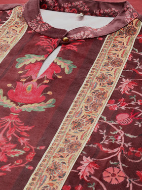 Burgundy & Golden Floral Printed Gotta Patti Floral Velvet Kurta