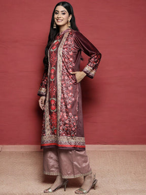 Burgundy & Golden Floral Printed Gotta Patti Floral Velvet Kurta