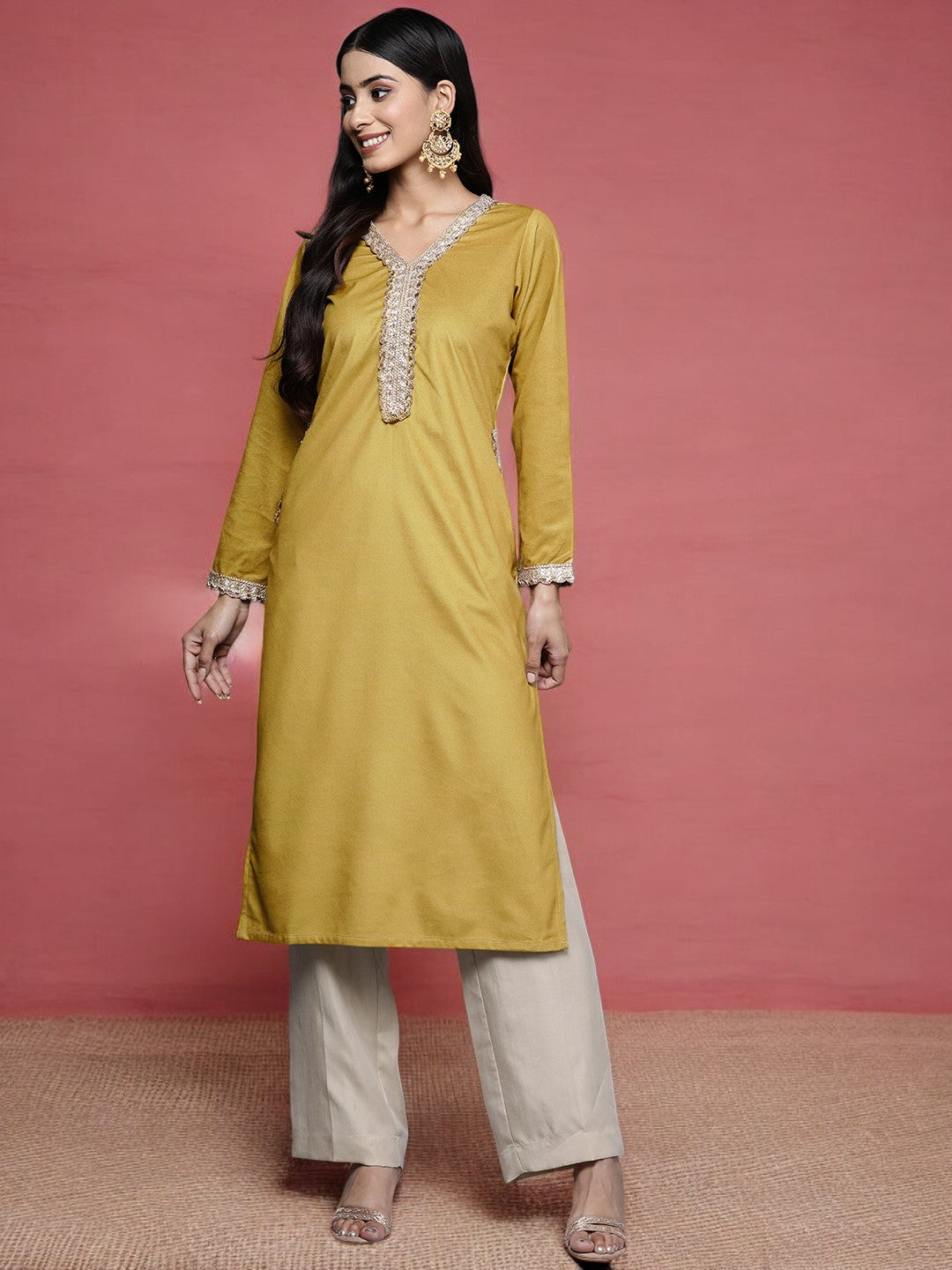 Mustard Yellow & Golden Ethnic Motifs Yoke Design Velvet Kurta