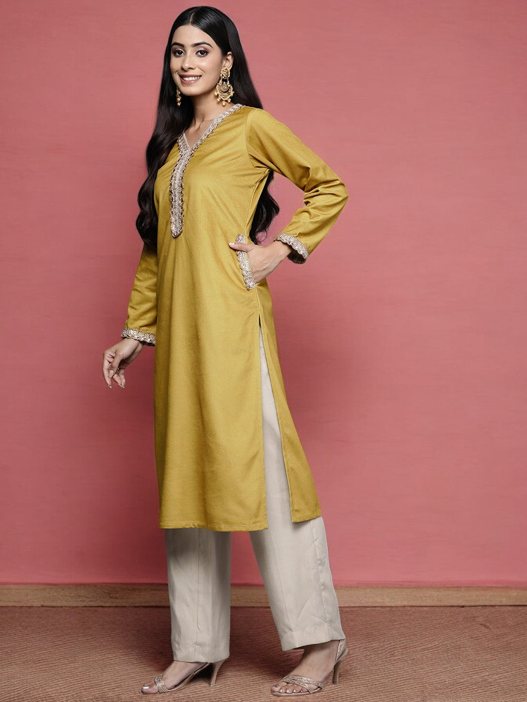 Mustard Yellow & Golden Ethnic Motifs Yoke Design Velvet Kurta