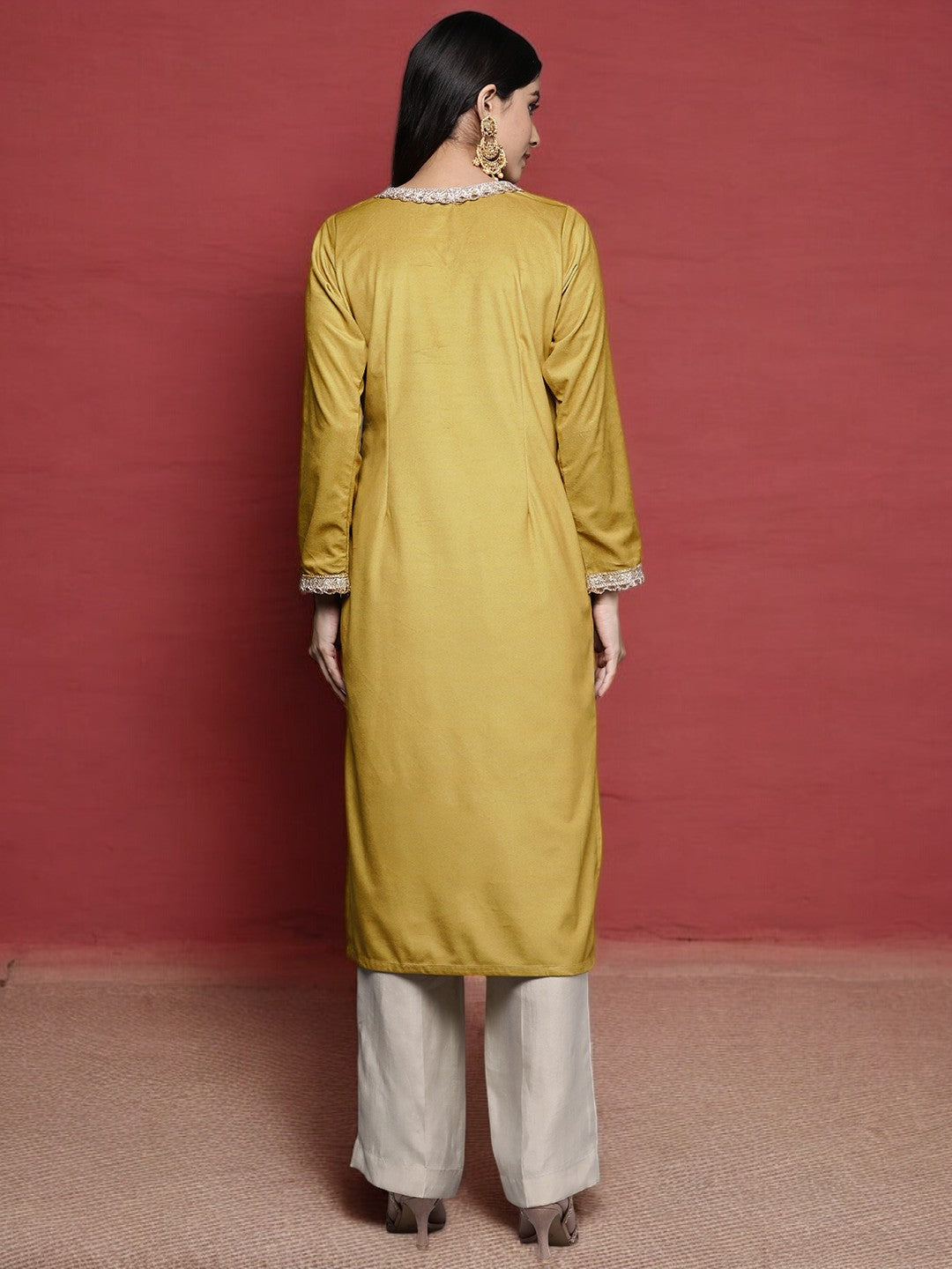 Mustard Yellow & Golden Ethnic Motifs Yoke Design Velvet Kurta