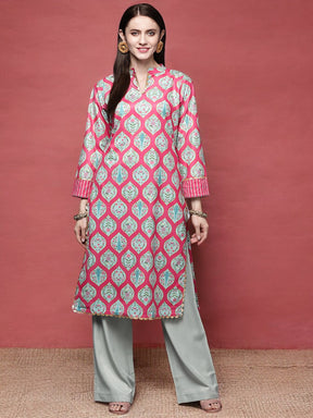 Pink & Sea Green Floral Printed Gotta Patti Velvet Kurta