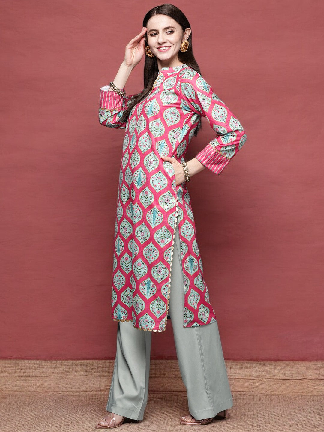 Pink & Sea Green Floral Printed Gotta Patti Velvet Kurta