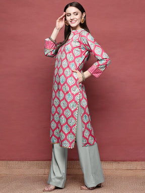 Pink & Sea Green Floral Printed Gotta Patti Velvet Kurta