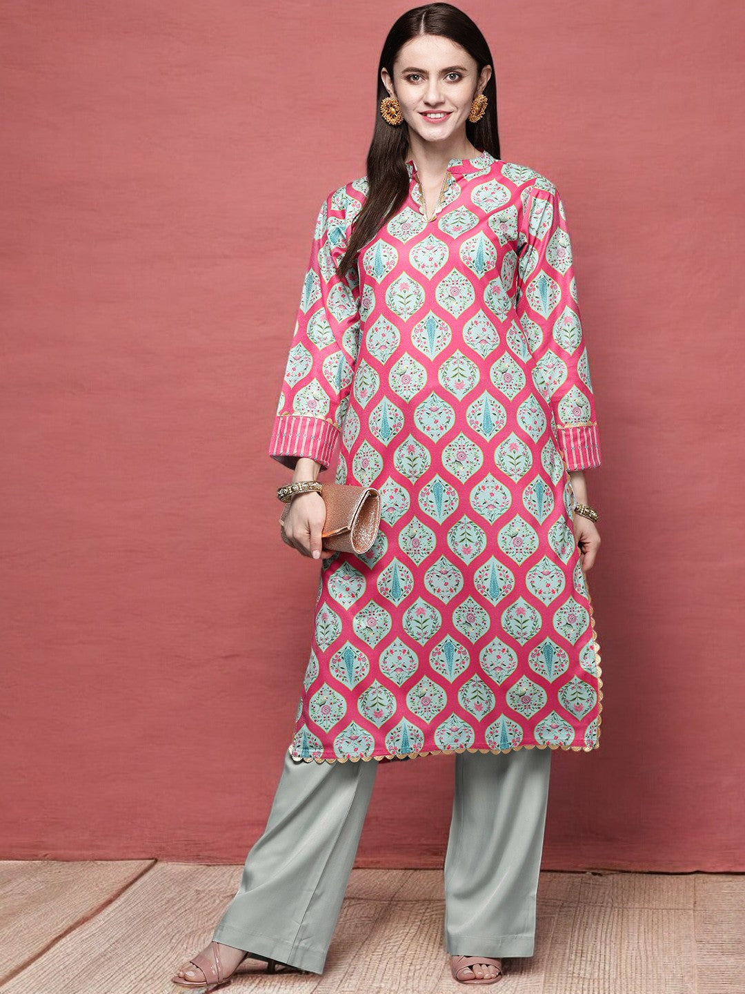 Pink & Sea Green Floral Printed Gotta Patti Velvet Kurta