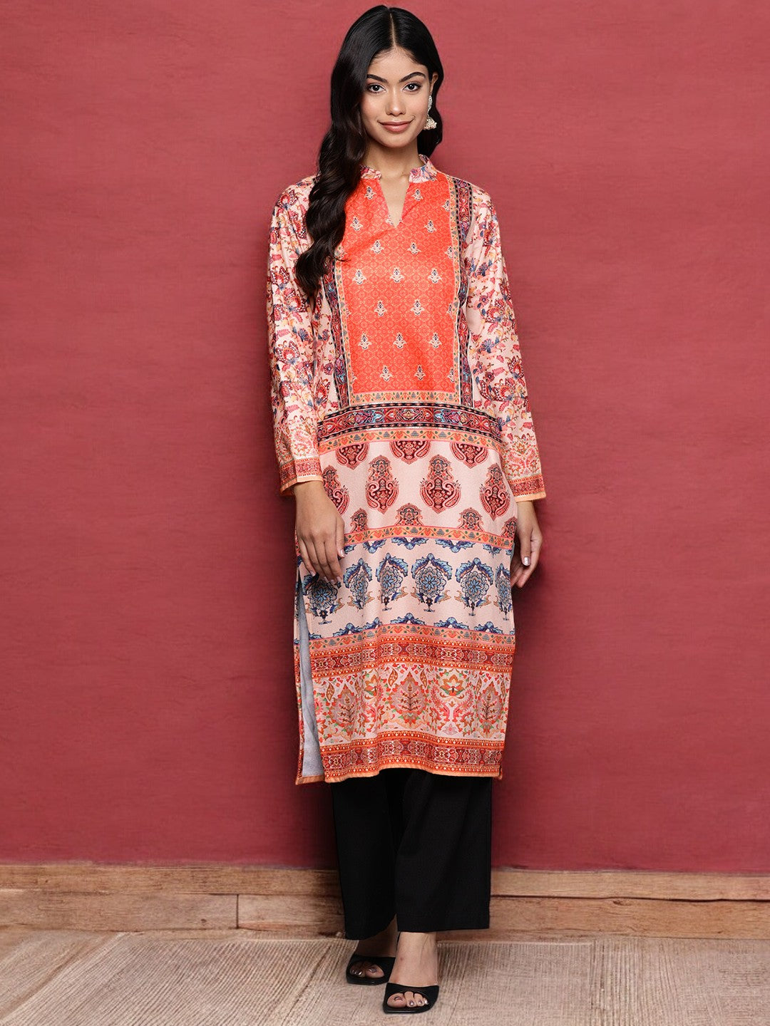 Orange Printed Gotta Patti Velvet Kurta