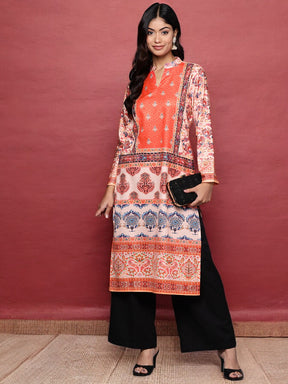 Orange Printed Gotta Patti Velvet Kurta