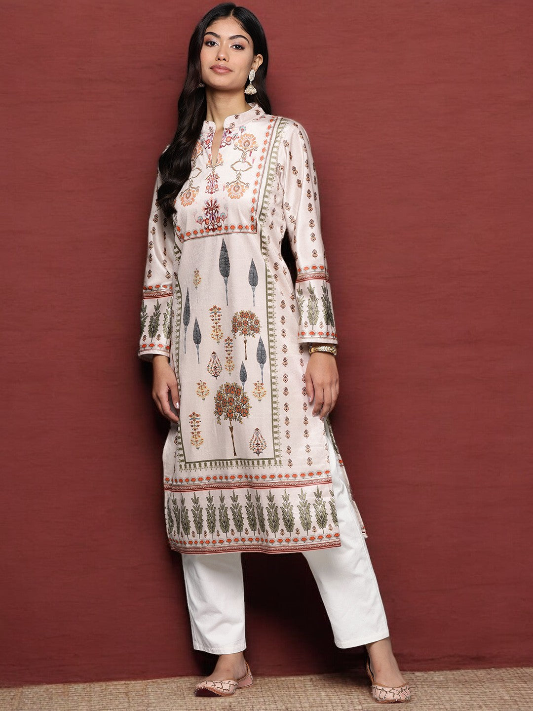 Off White Floral Printed Gotta Patti Velvet Kurta