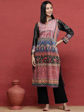 Pink & Black Printed Gotta Patti Velvet Kurta