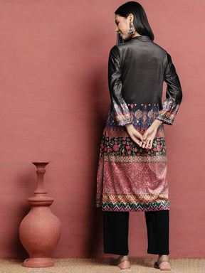 Pink & Black Printed Gotta Patti Velvet Kurta