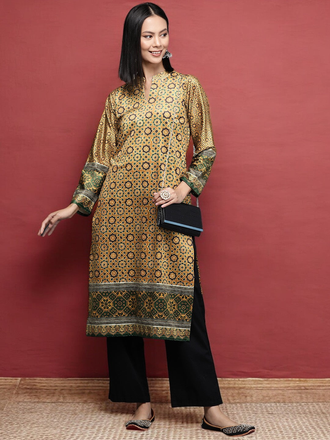 Mustard Yellow Printed Gotta Patti Velvet Kurta