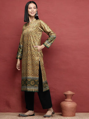 Mustard Yellow Printed Gotta Patti Velvet Kurta