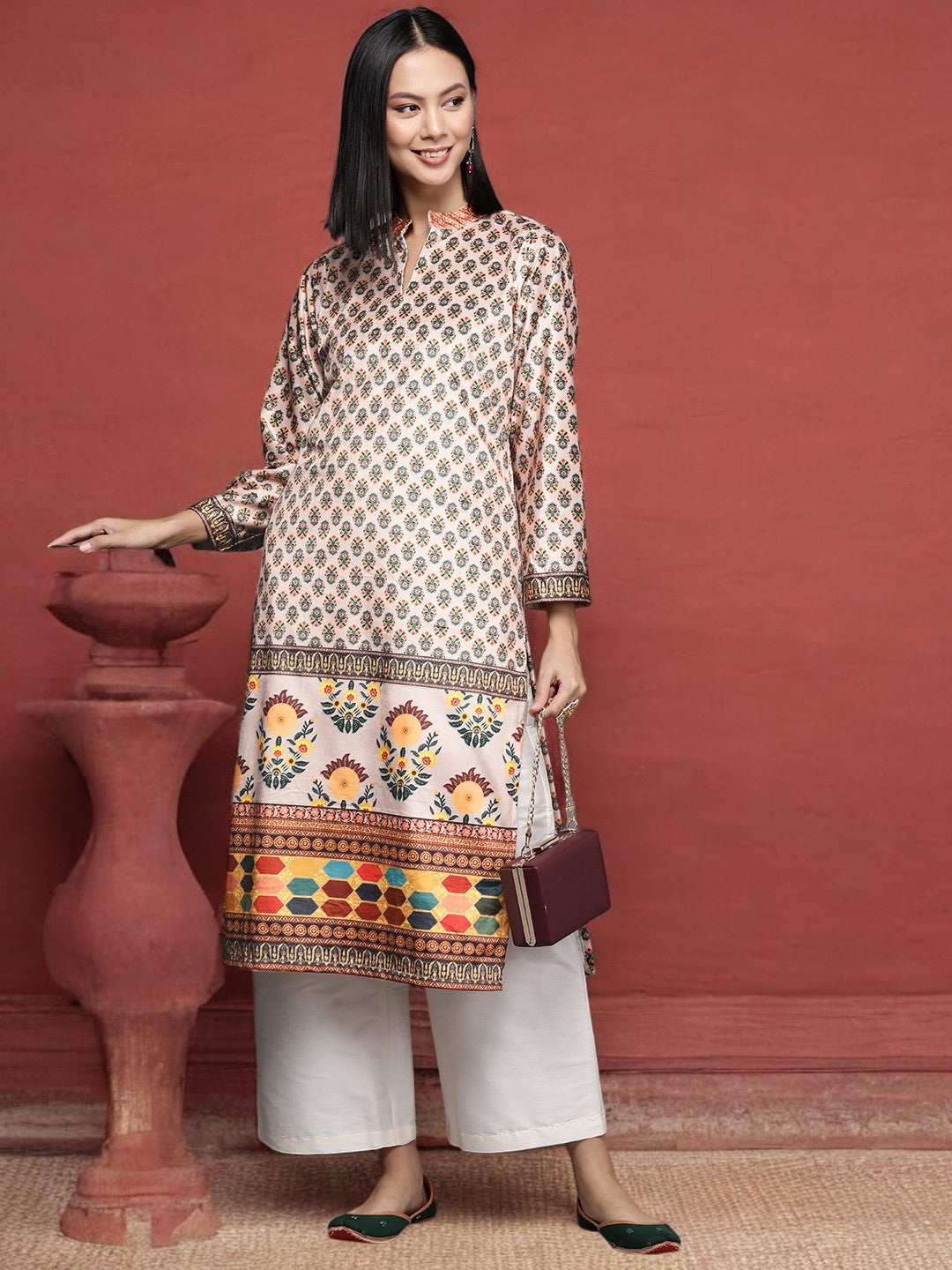 Beige & Green Floral Printed Velvet Kurta