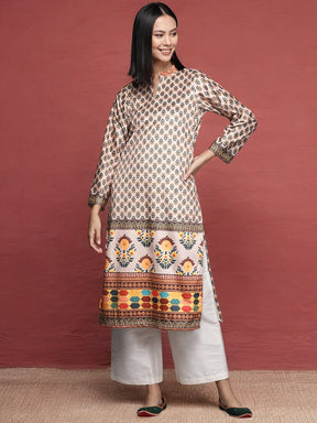 Beige & Green Floral Printed Velvet Kurta