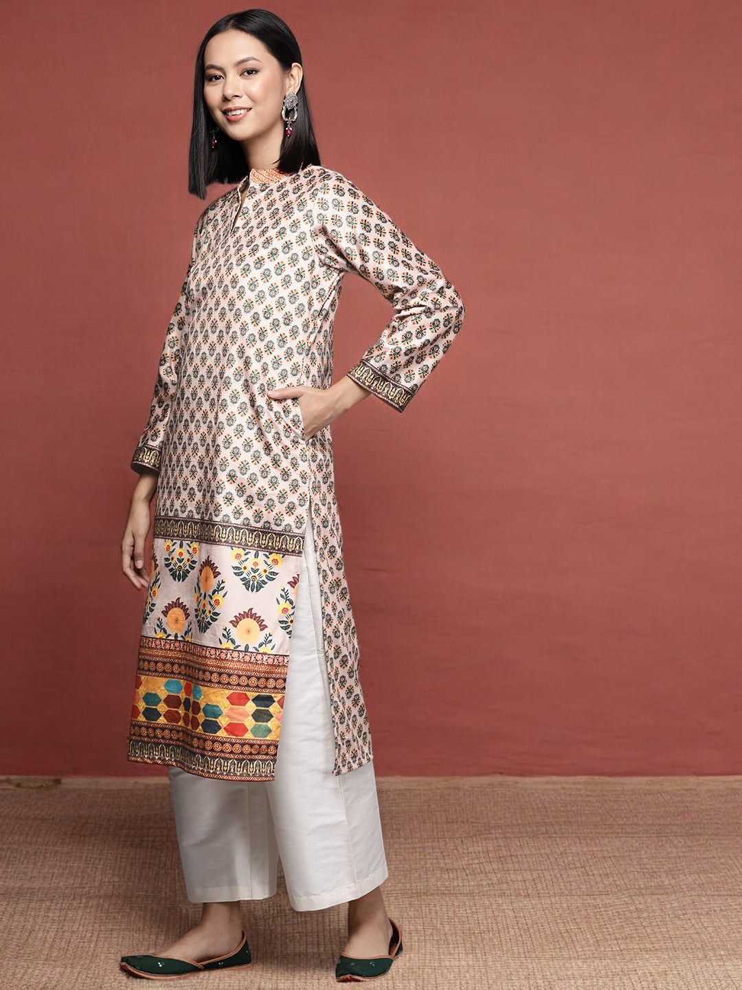 Beige & Green Floral Printed Velvet Kurta