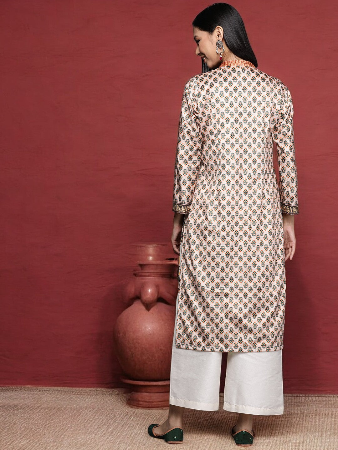 Beige & Green Floral Printed Velvet Kurta