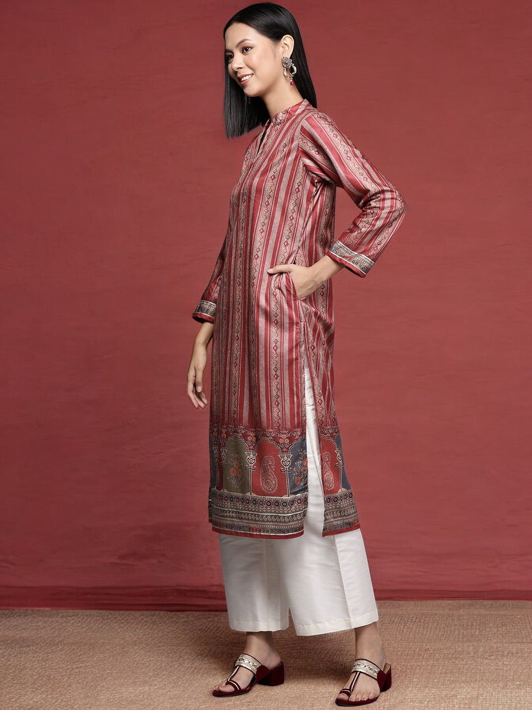 Maroon Striped Gotta Patti Velvet Kurta