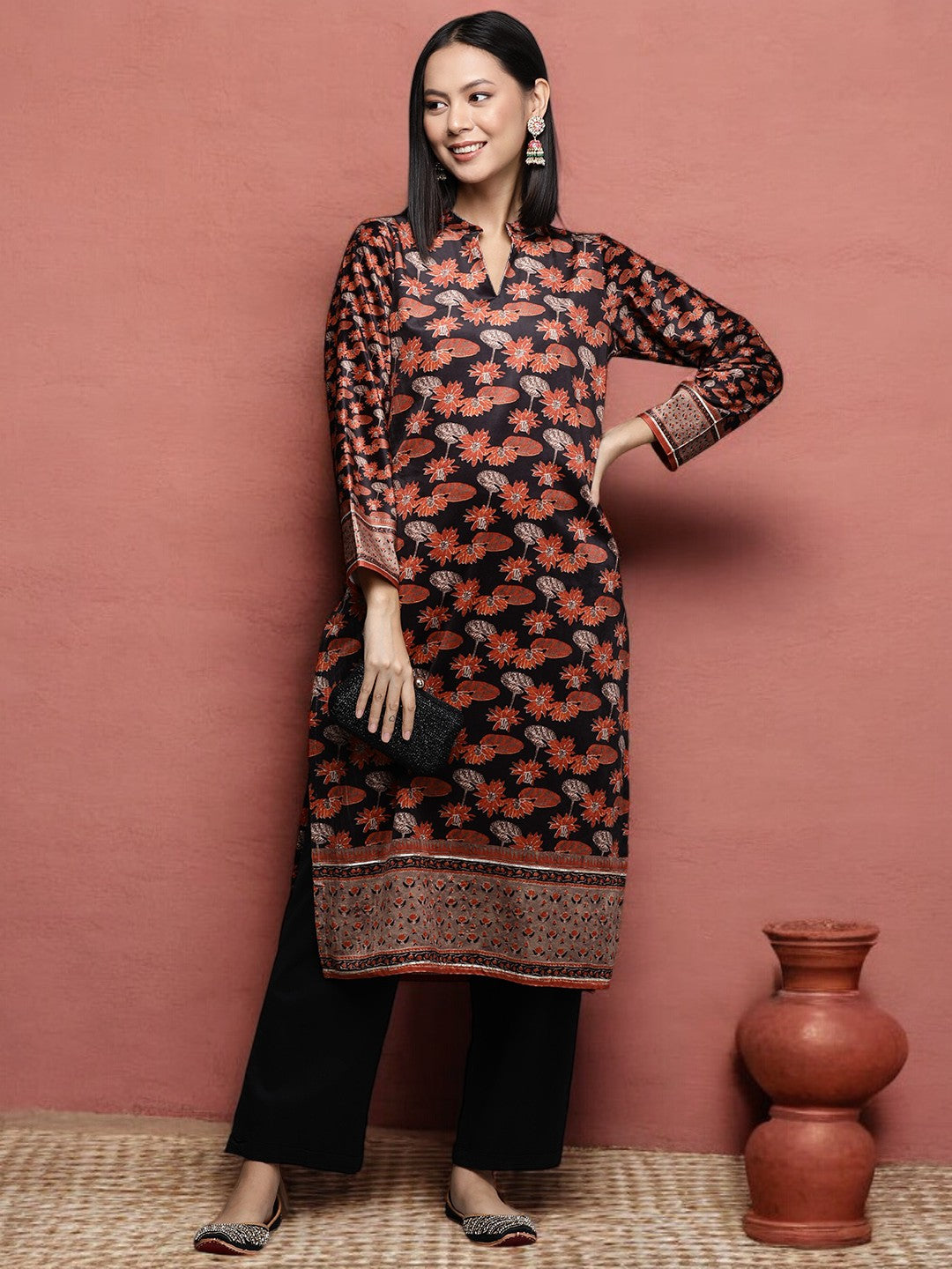 Black & Orange Floral Printed Gotta Patti Velvet Kurta