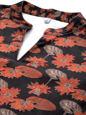 Black & Orange Floral Printed Gotta Patti Velvet Kurta