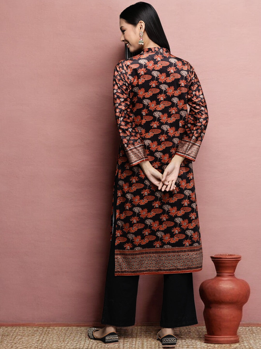 Black & Orange Floral Printed Gotta Patti Velvet Kurta