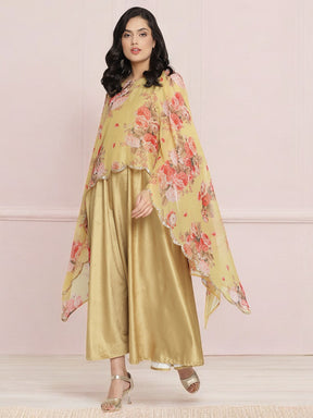 Mustard Color Velvet Kurta With Attached Printed Dupatta