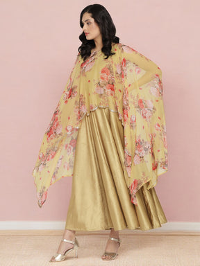 Mustard Color Velvet Kurta With Attached Printed Dupatta