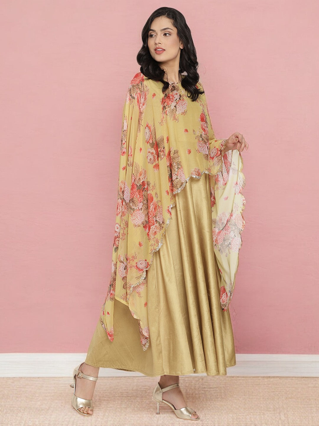 Mustard Color Velvet Kurta With Attached Printed Dupatta