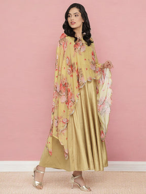 Mustard Color Velvet Kurta With Attached Printed Dupatta