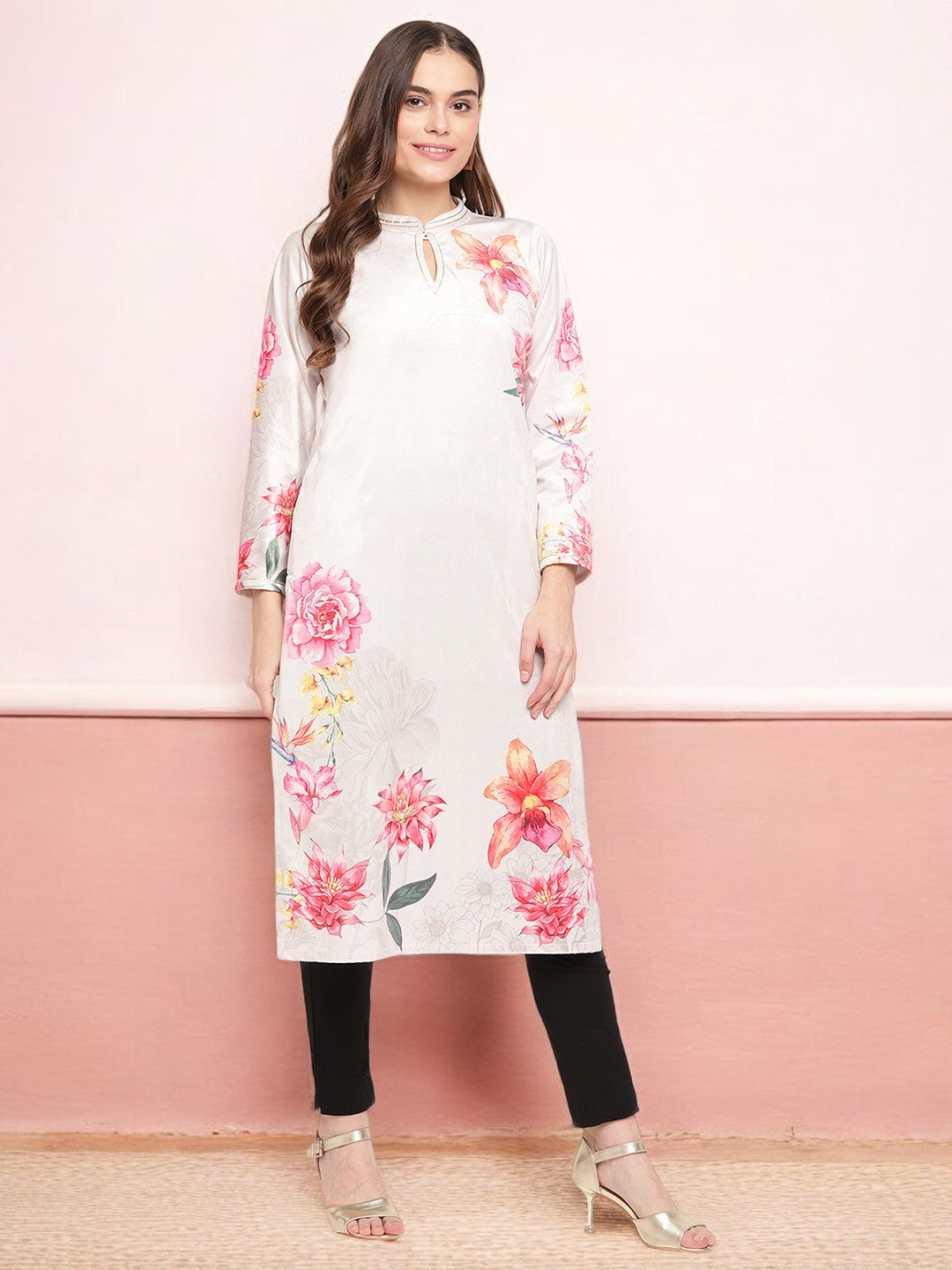 Off White Digital Floral Print Velvet Kurta