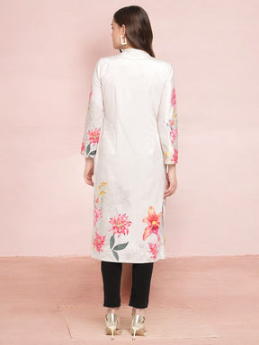 Off White Digital Floral Print Velvet Kurta