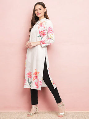 Off White Digital Floral Print Velvet Kurta