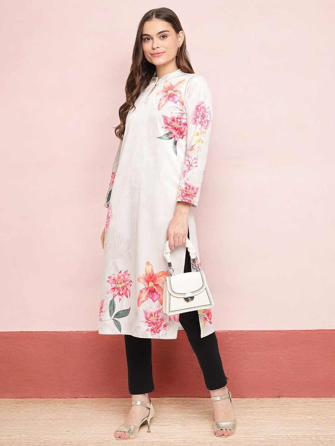 Off White Digital Floral Print Velvet Kurta