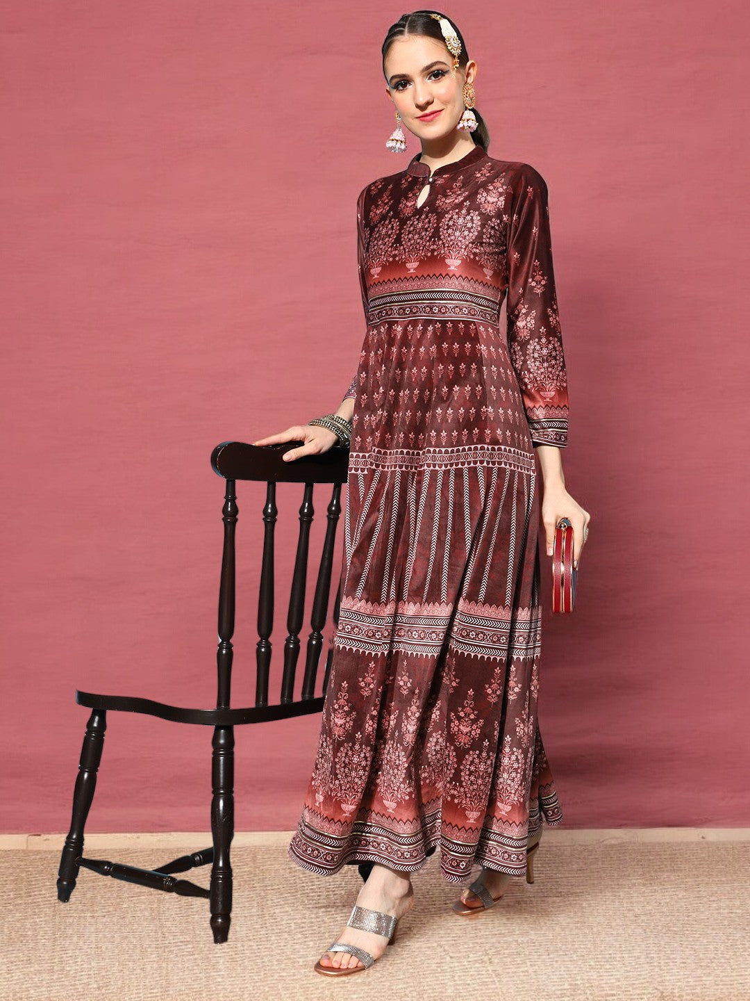 Burgundy Digital Printed Velvet Ethnic Dress