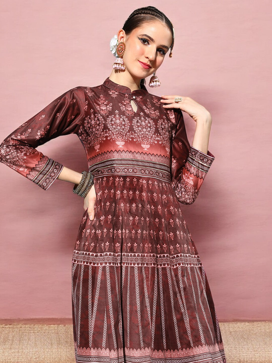 Burgundy Digital Printed Velvet Ethnic Dress