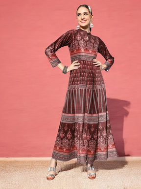 Burgundy Digital Printed Velvet Ethnic Dress