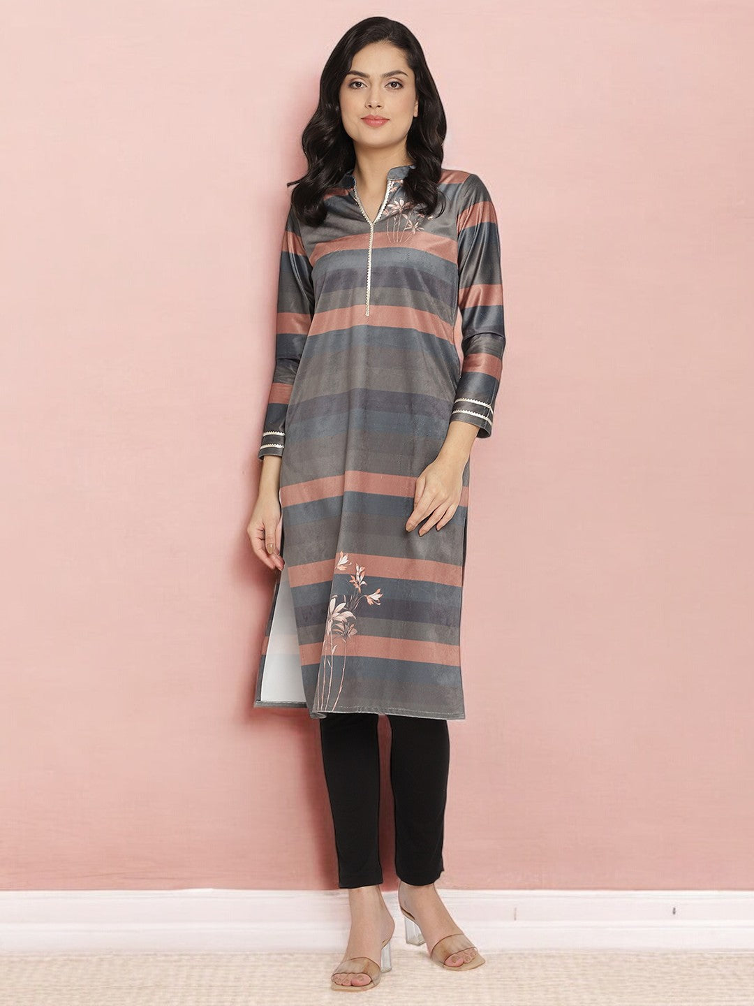 Multi Colour Stripe Digital Print Velvet Kurta