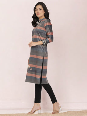 Multi Colour Stripe Digital Print Velvet Kurta