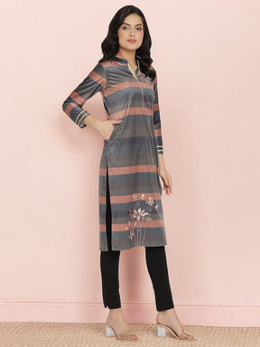 Multi Colour Stripe Digital Print Velvet Kurta