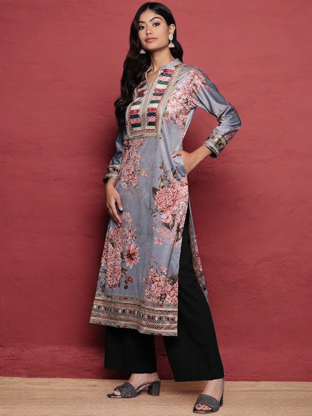 Grey Floral Printed Velvet Kurta