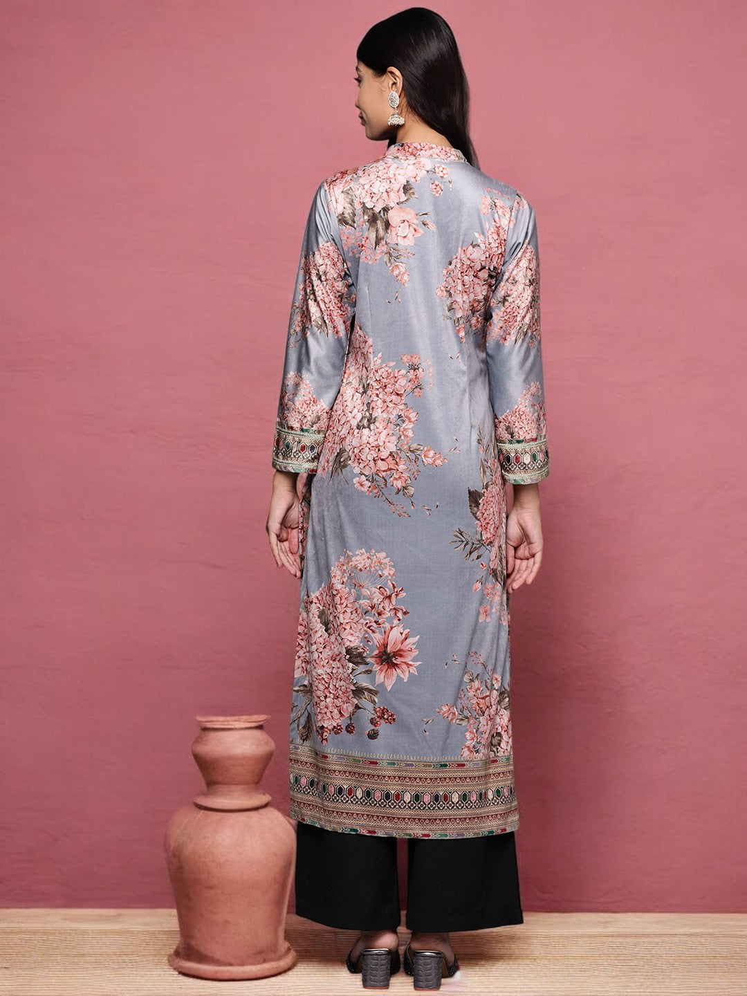 Grey Floral Printed Velvet Kurta