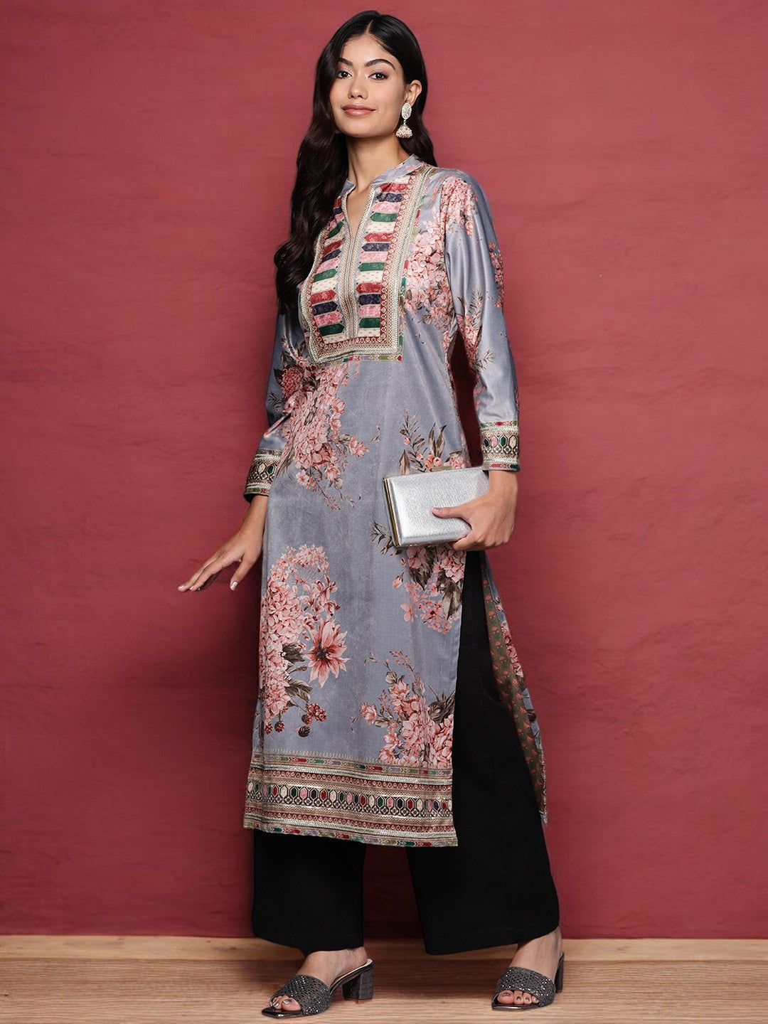 Grey Floral Printed Velvet Kurta