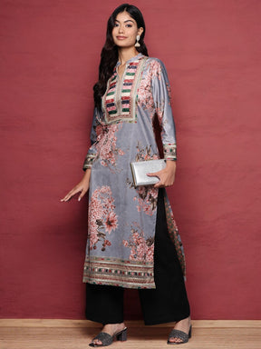 Grey Floral Printed Velvet Kurta